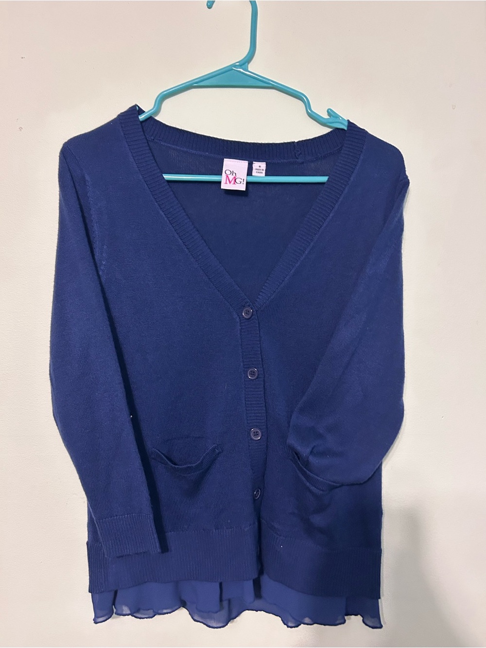 Oh MG! Navy V-Neck Button Cardigan with Chiffon Hem